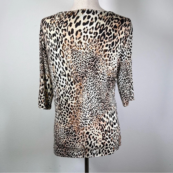 Saks Fifth Avenue Womens Top Cheetah Print Black Label 1/2 Sleeve V Neck Animal - Picture 3 of 14